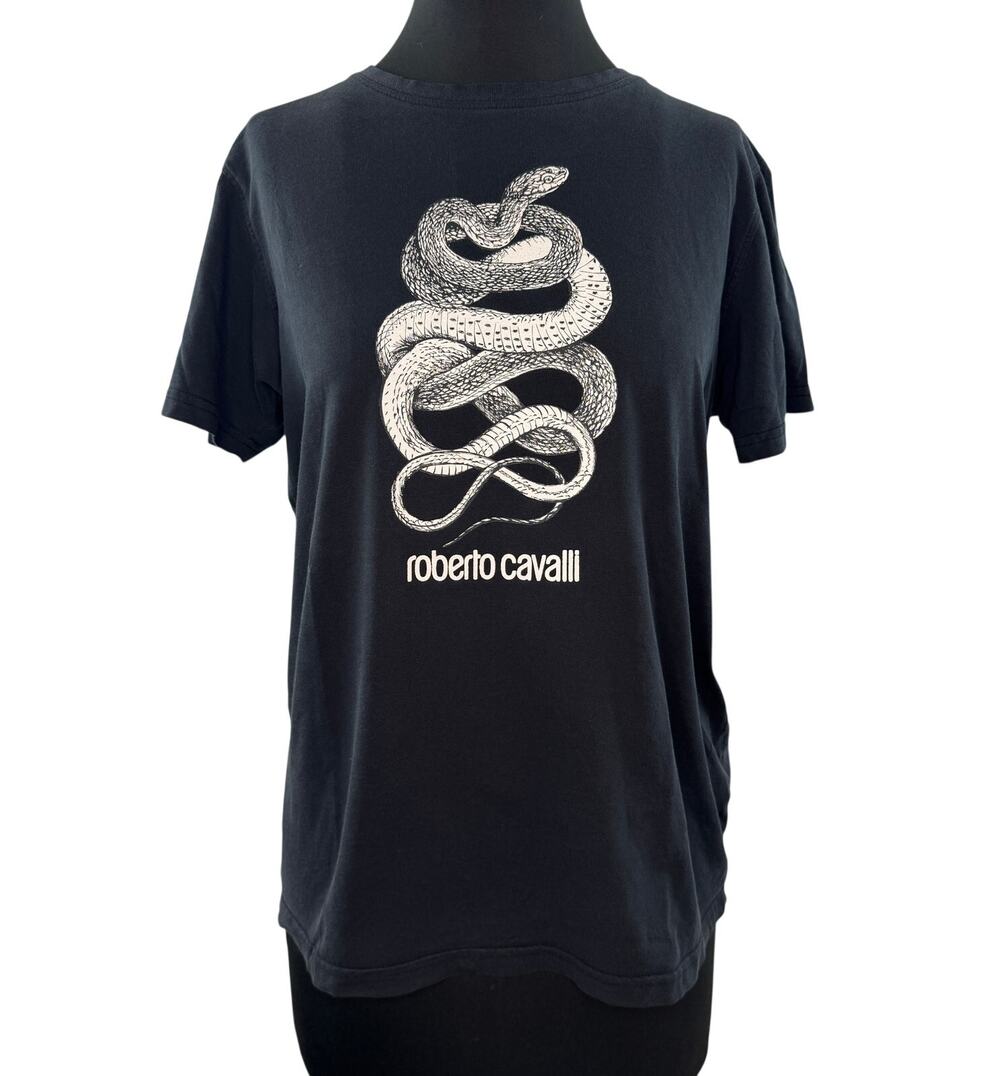 Vintage Roberto Cavalli Black T-Shirt Snake Crew Casual Pullover Tee Size Large